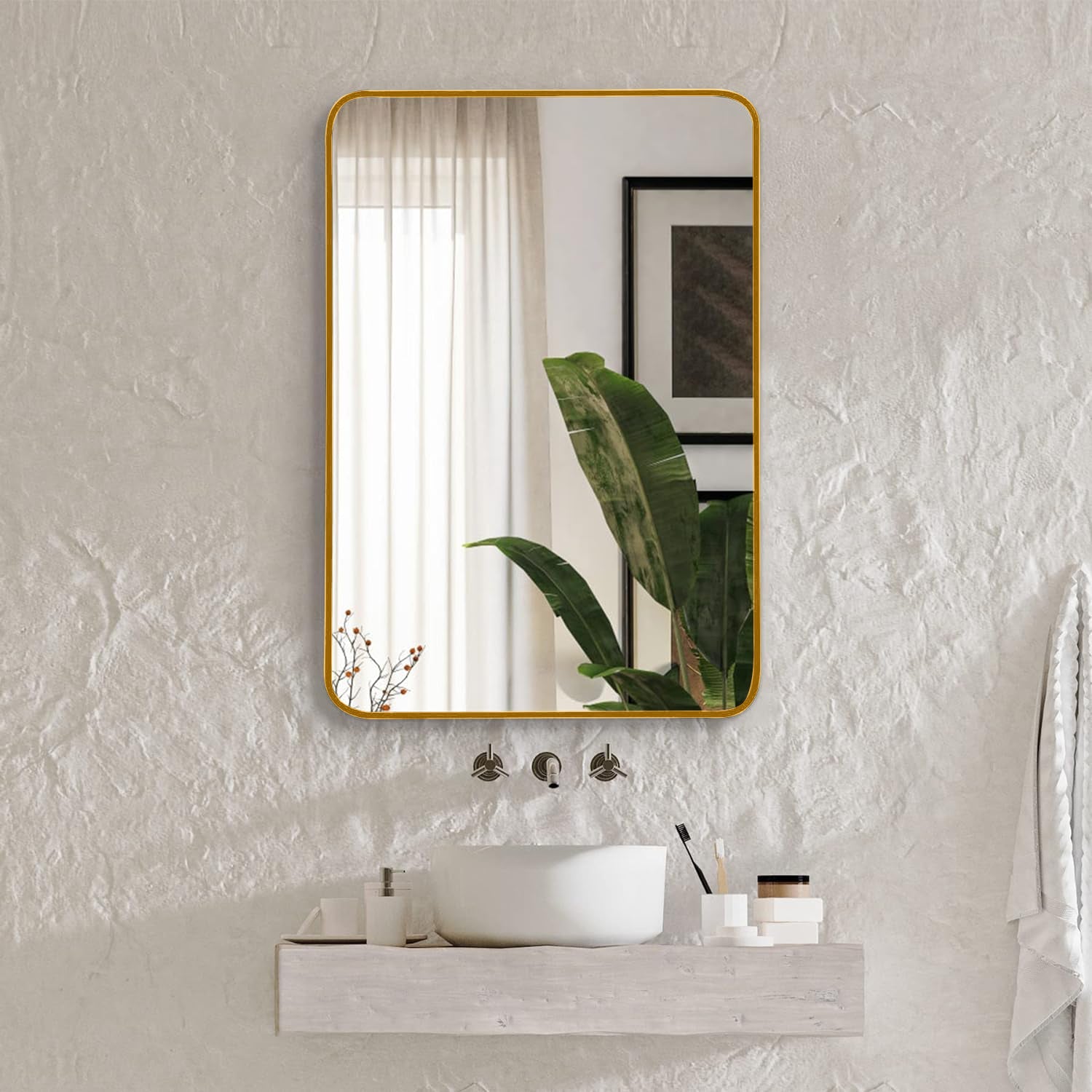 22x30 Inch Gold Metal Framed Rectangular Bathrrom Mirror for Wall. Vtng Furniture
