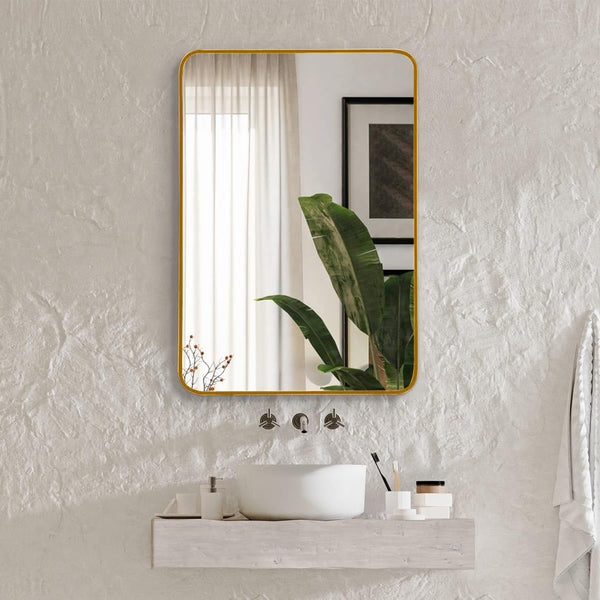 22x30 Inch Gold Metal Framed Rectangular Bathrrom Mirror for Wall. Vtng Furniture