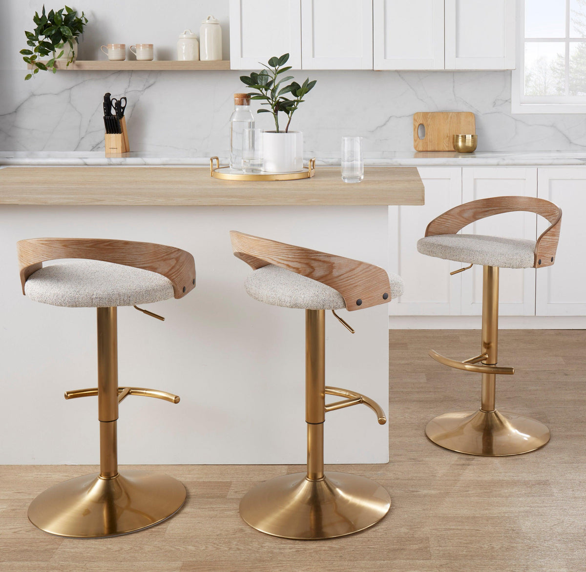 Modern White Upholstered Adjustable Bar Stools with Gold Base – 360° Swivel, Set of 3