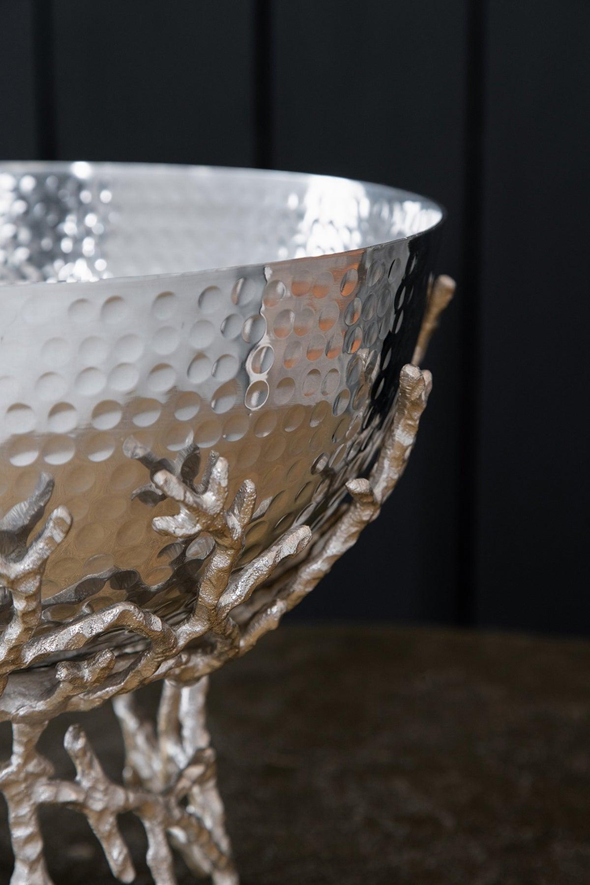 Silver Aluminum Decorative Pedestal Bowl with Sculptural Branch Base – Modern Centerpiece