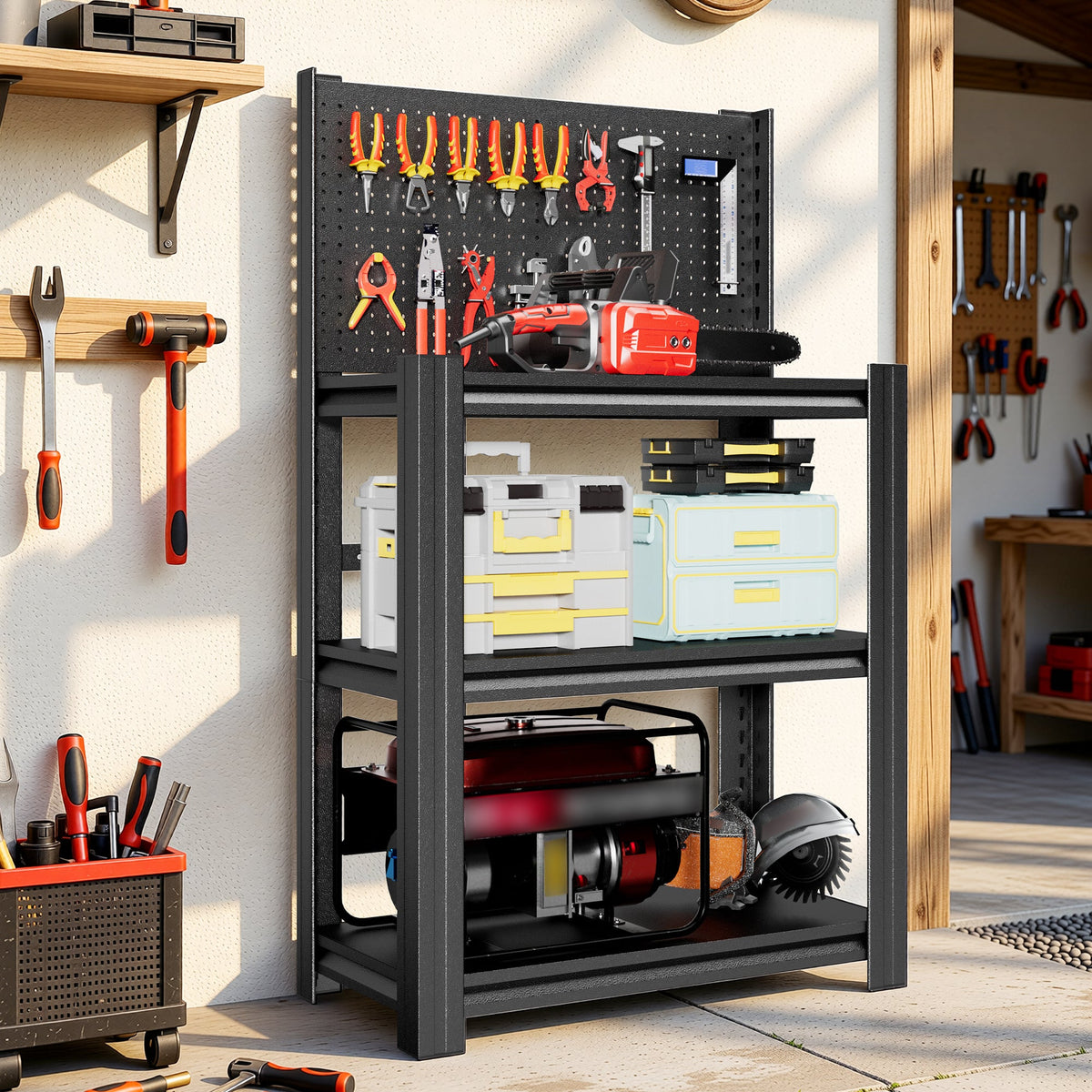 3-Tier Heavy-Duty Metal Storage Shelving Unit with Pegboard