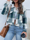 Perfee Plaid Button Up Drop Shoulder Cropped Jacket for Women - Green / S