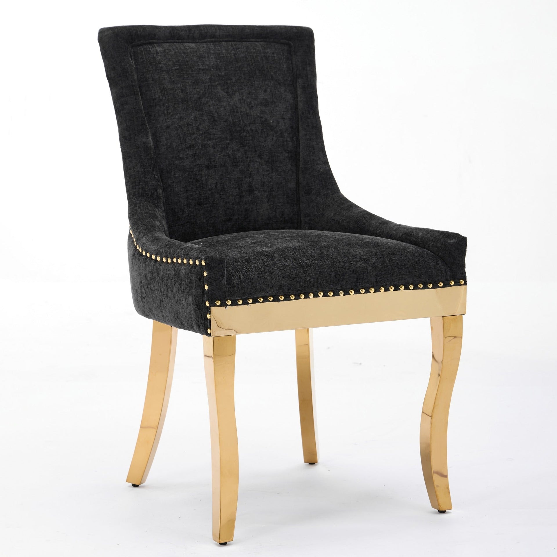 Chenille Dining Chairs Modern Style with Curved Gold-Plated Legs & Rivet Trim