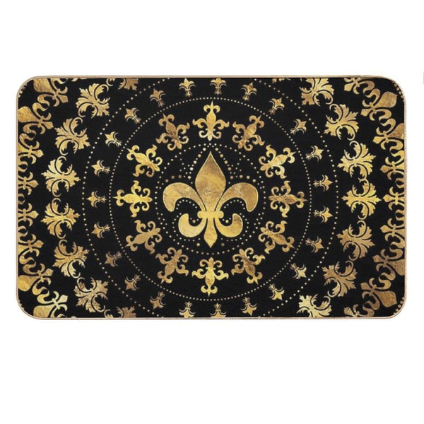 Fleur-de-lis - Circular Ornament - Gold And Black Bath Mat