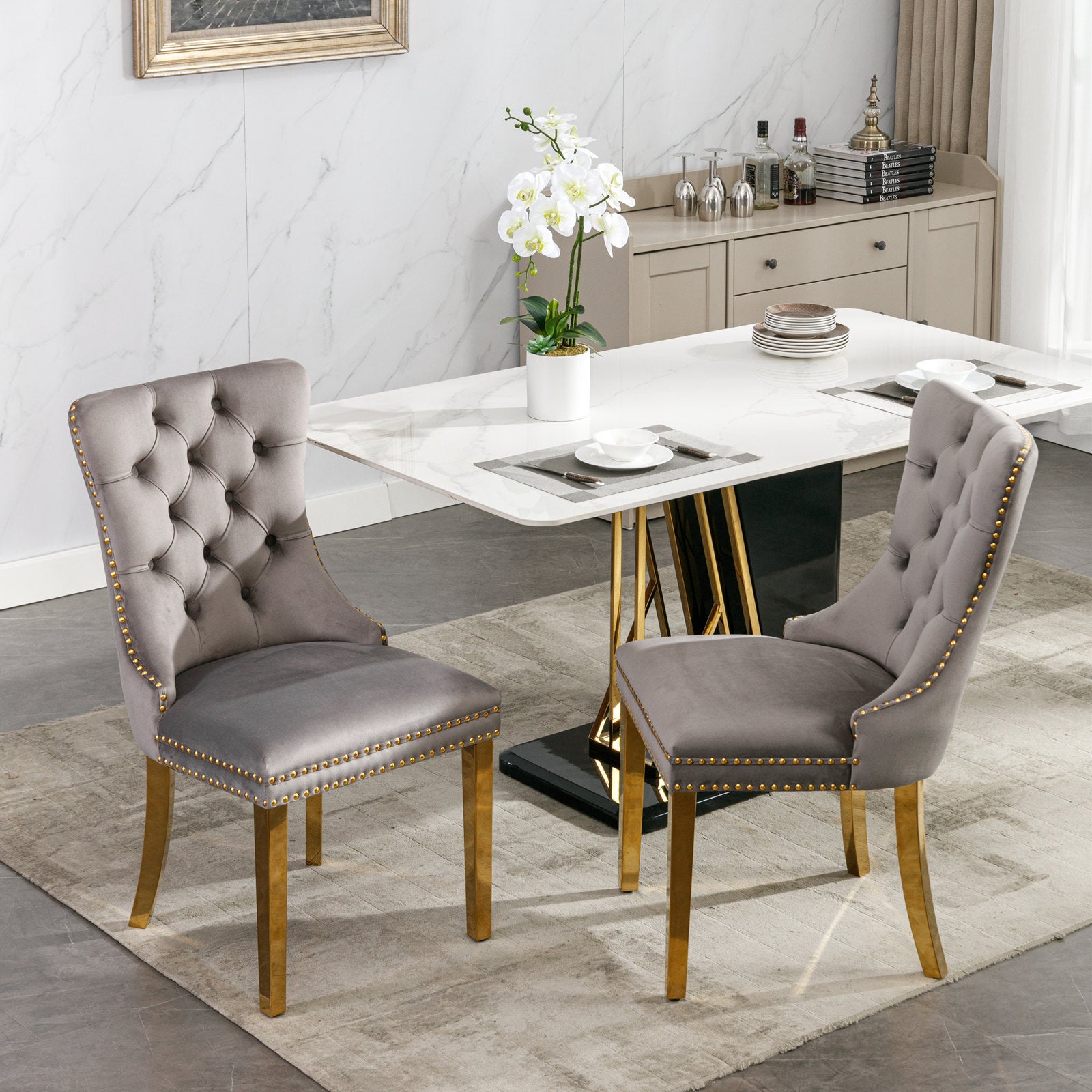 Nikki Collection Modern Tufted Solid Wood Velvet Upholstered Dining Chair with Gold Legs