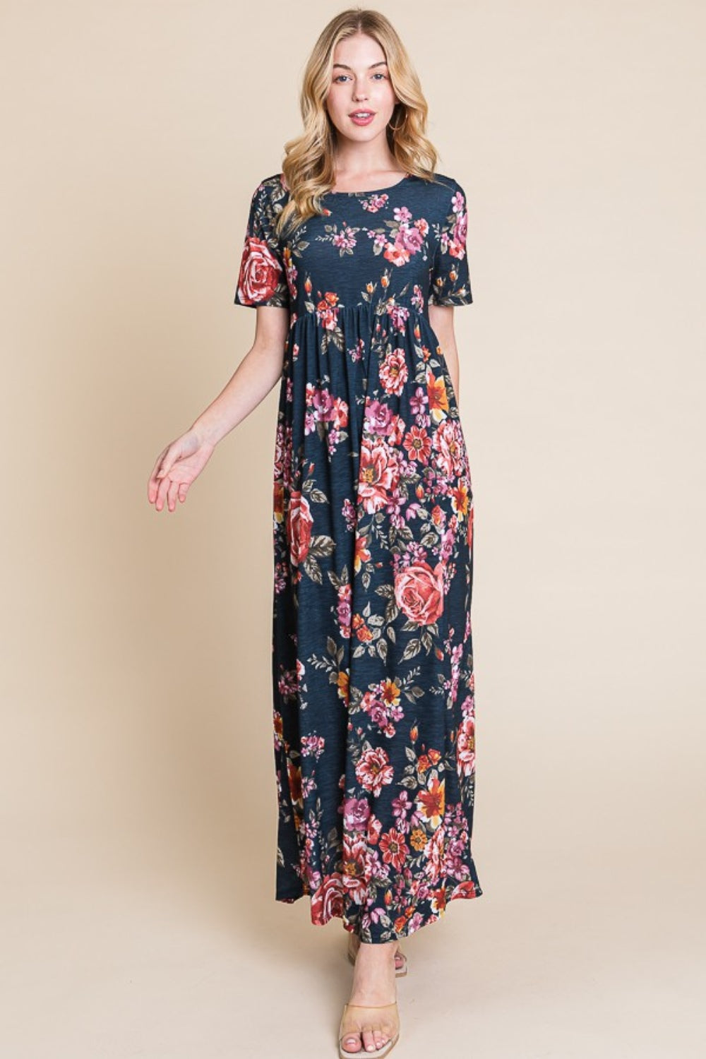Floral Short Sleeve Maxi Dress – Elegant Maxi Dress, Floral Short Sleeve Dress, Shirred Maxi Dress, Flowing Silhouette Dress, Comfortable Summer Dress, Flattering Dress for Various Occasions, Versatile Maxi Dress