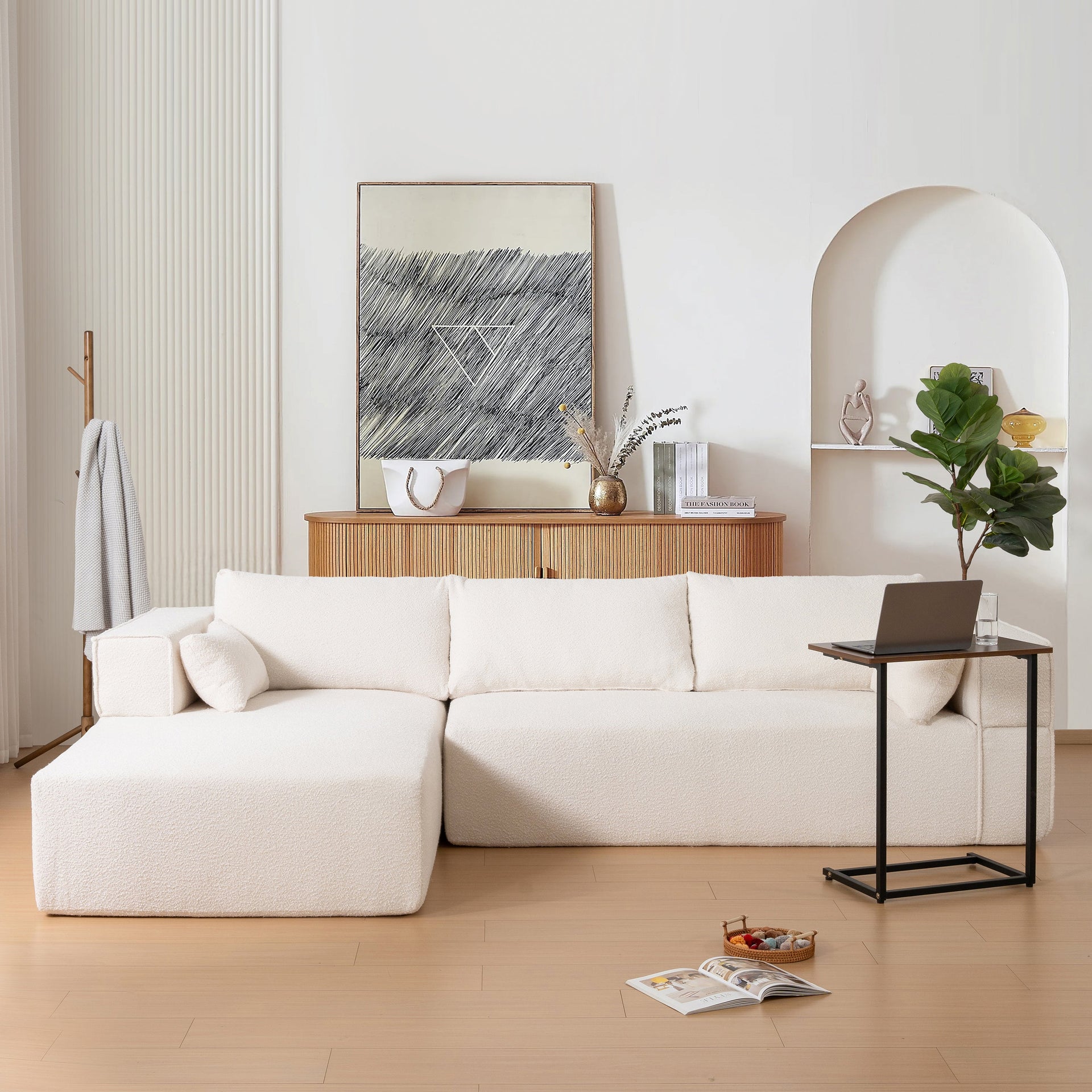 112'Modular Sectional Sofa with Free Side Table,Wide Seat,Fully Compressed,Wrinkle-resistant Boucle Fabric Couch with Chaise,Free Combination,L-Shaped Sofa for Living Room,No Assembly Required,3 Color