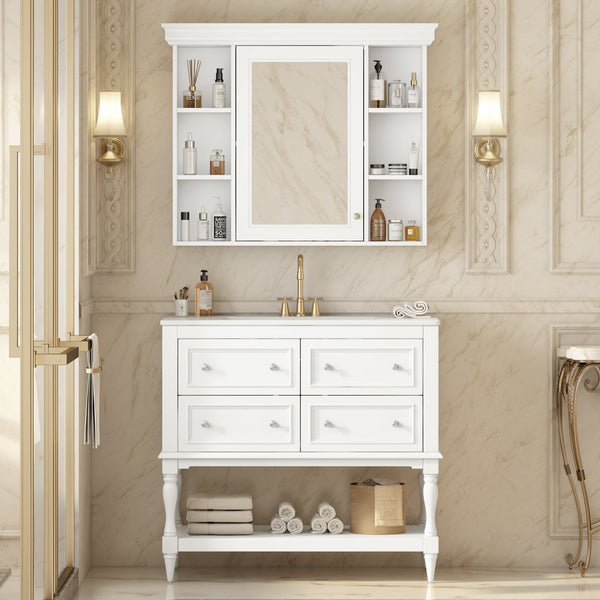 36'' Bathroom Vanity with Medicine Cabinet, Modern Mirror Cabinet with Adjustable Shelf, Bathroom Storage Cabinet with 4 Drawers, Solid Wood Frame Bathroom Storage Cabinet