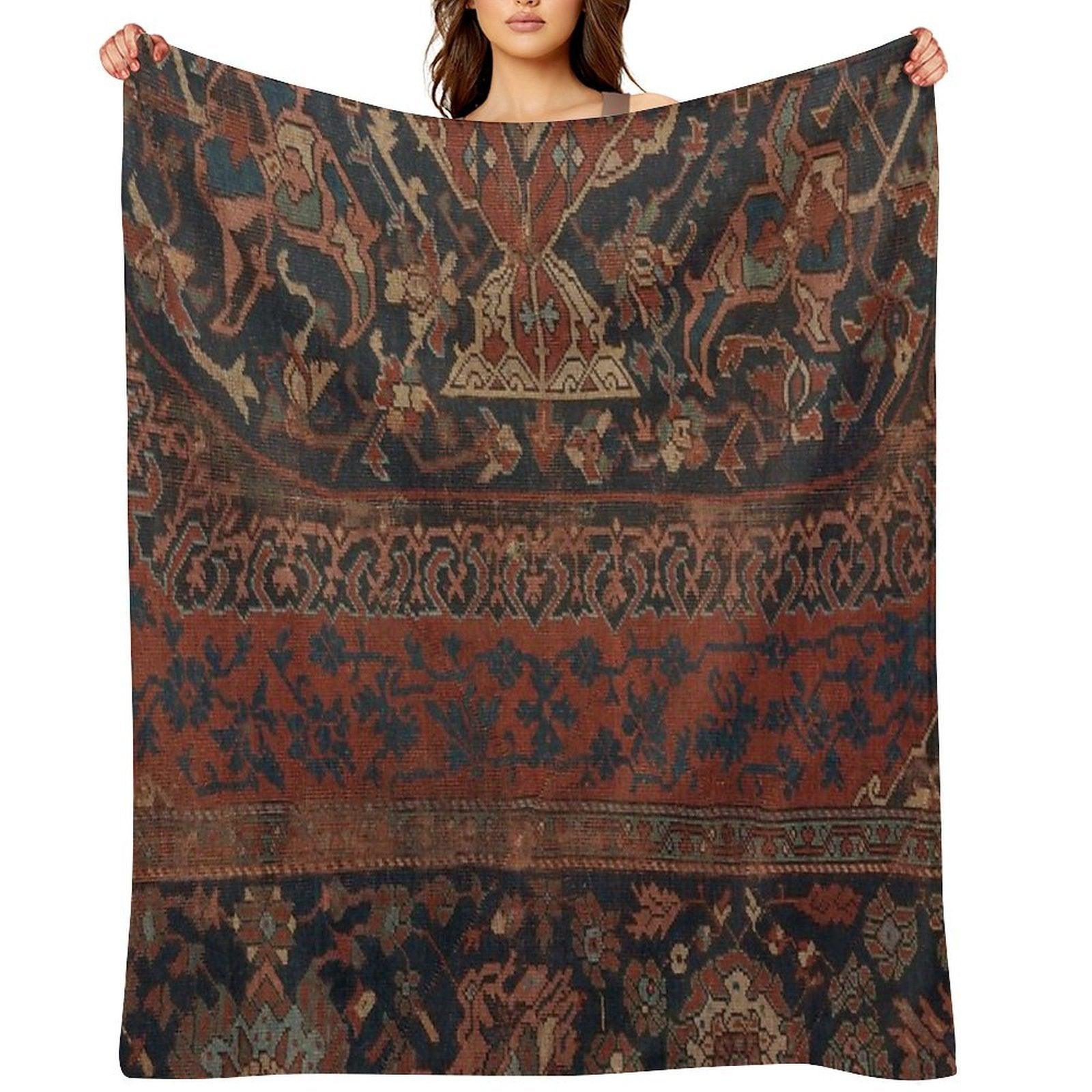 Boho Chic Dark III  17th Century Colorful Medallion Red Blue Green Brown Ornate Accent Rug Pattern Throw Blanket