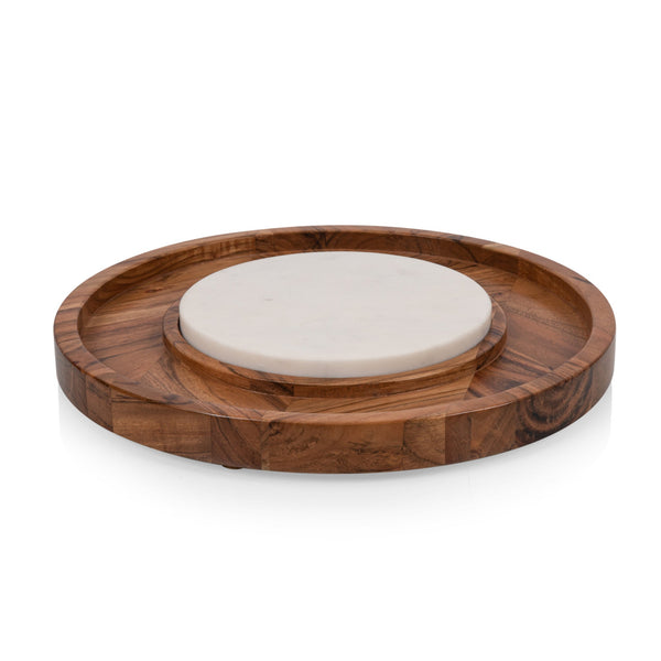 Wooden tray with a white stone on a white background