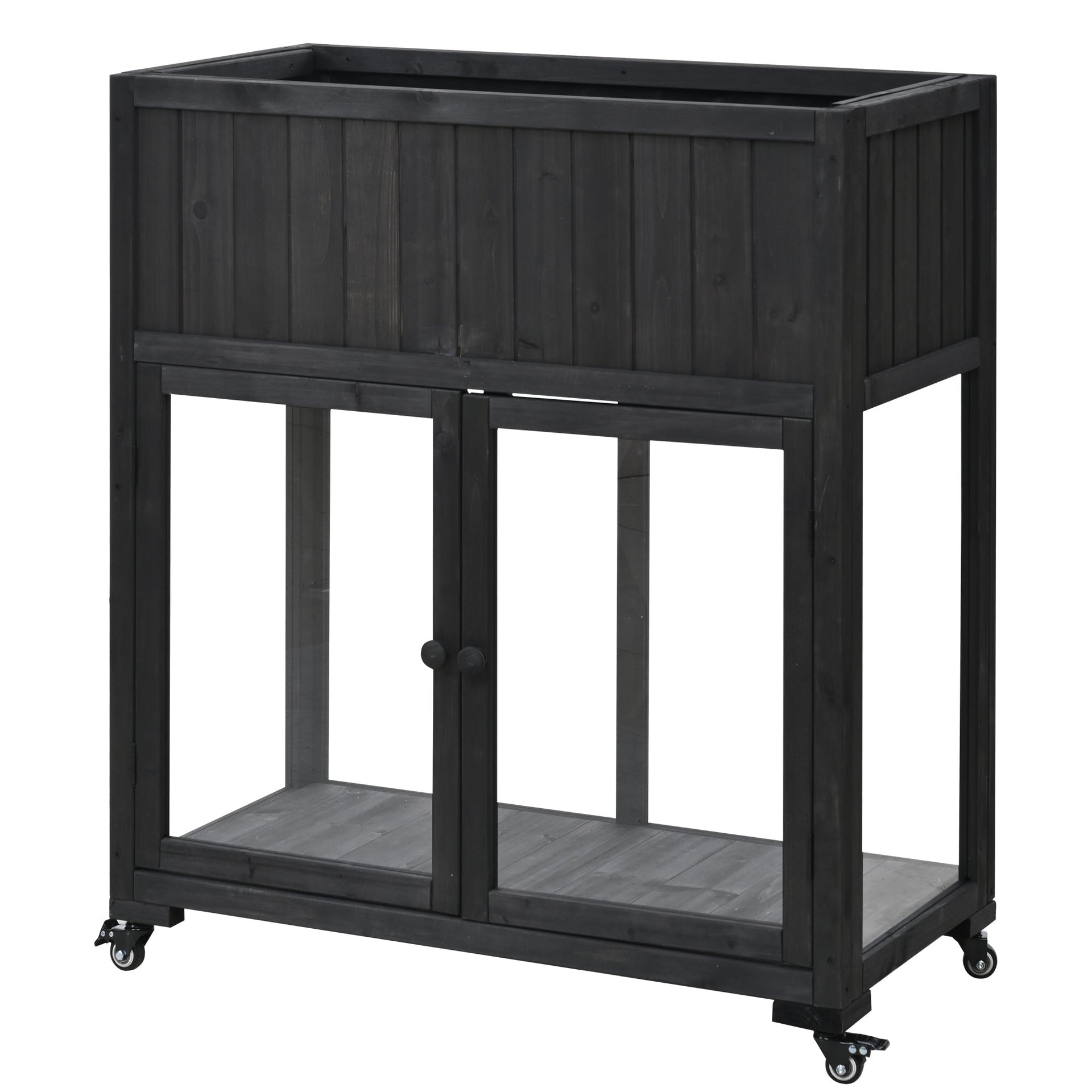 Patio 35.4''x17.7''x37.4'' Mini Wood Cold Frame, Compact 2 Doors Garden Greenhouse with Wheels, Raised Bed with Liner for Indoor Outdoor Use, Black