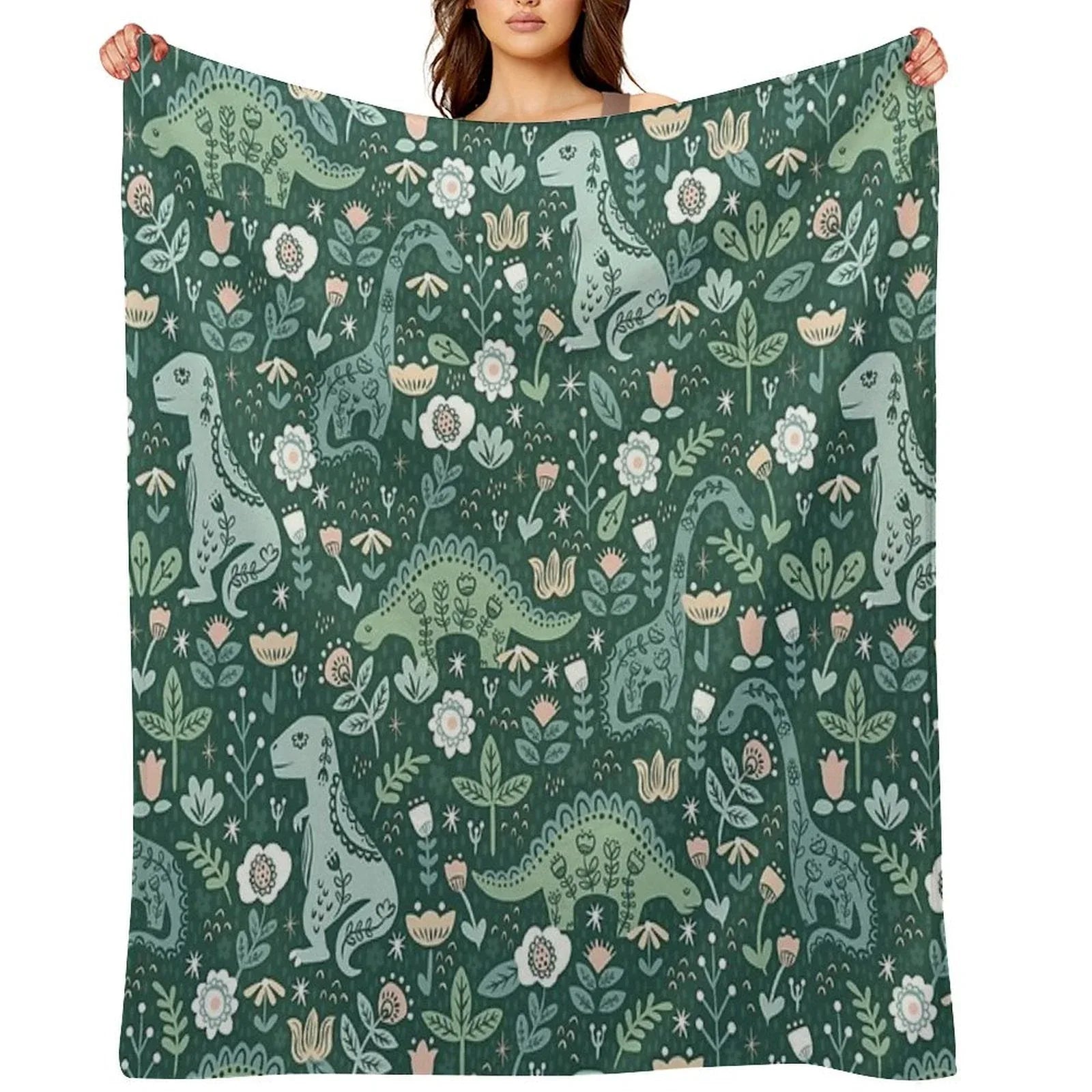 Folk Floral Dinosaur Throw Blanket