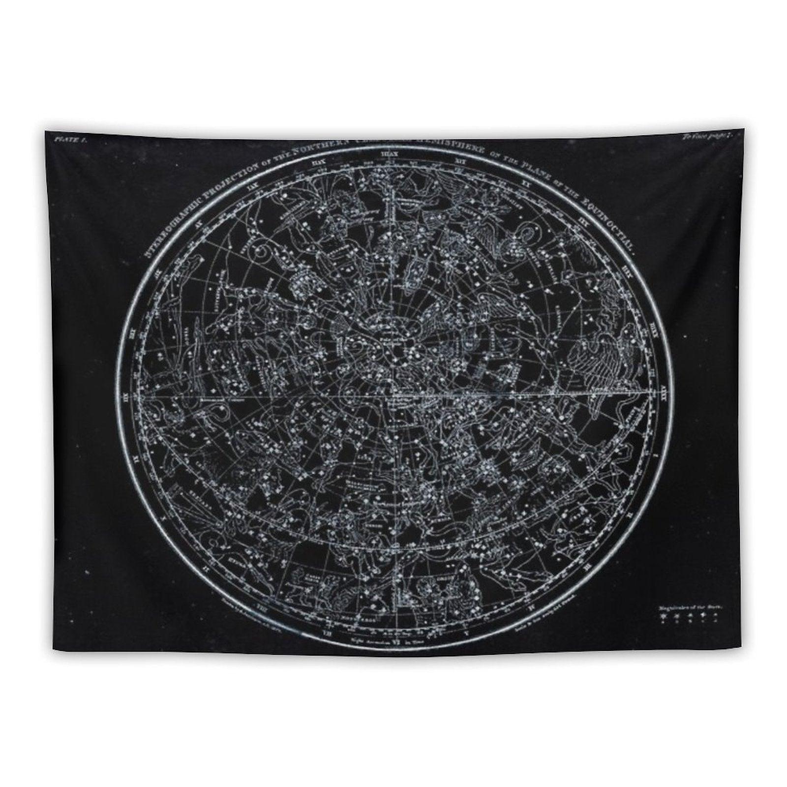 Constellations of The Northern Hemisphere  Pale Blue On Black Tapestry