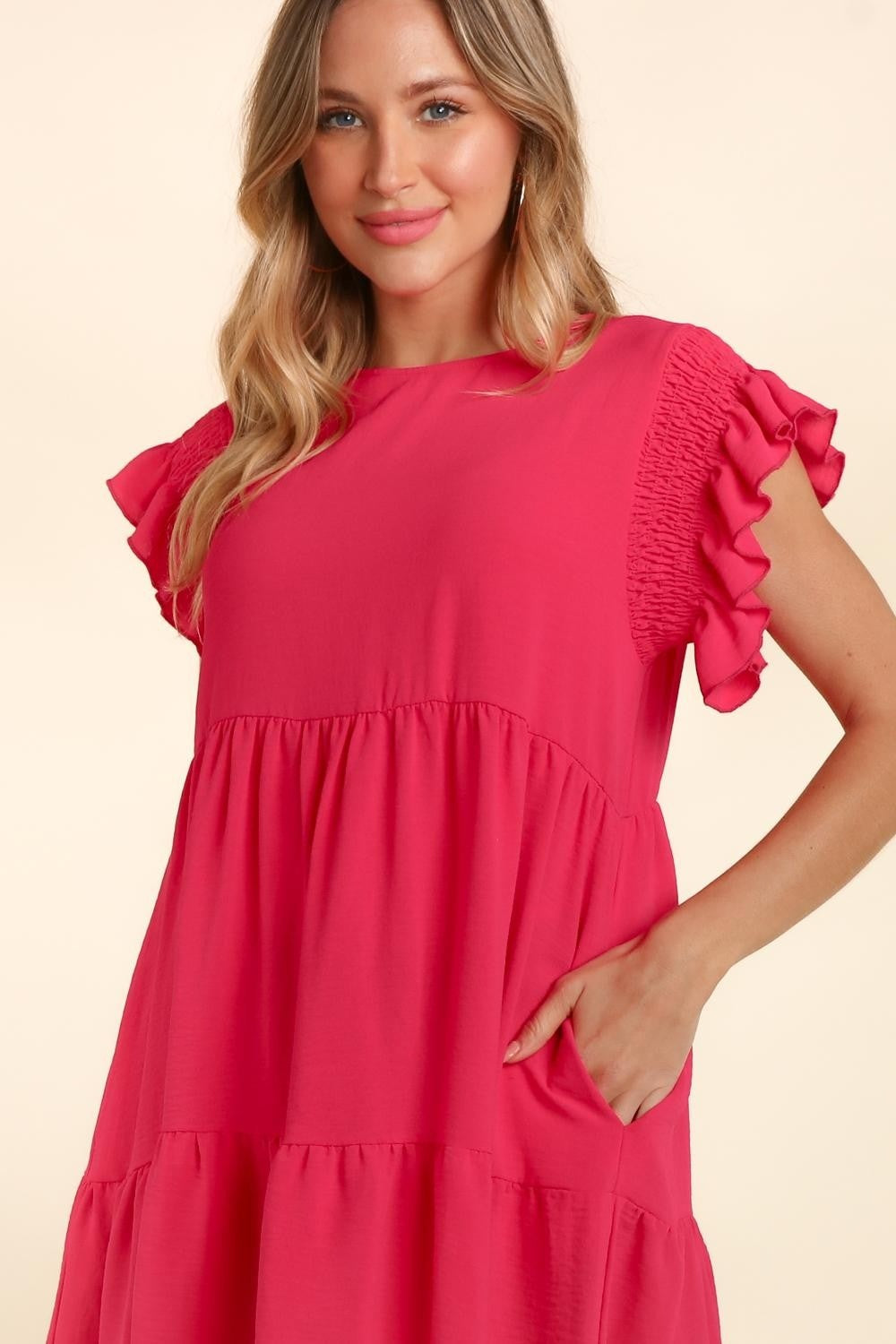 Full Size Smocking Ruffle Short Sleeve Dress with Pockets For Women – Flattering Smocked Dress, Ruffle Short Sleeve Dress, Practical Pocketed Dress, Chic Ruffle Dress, Smocked Waist Dress, Stylish Short Sleeve Dress