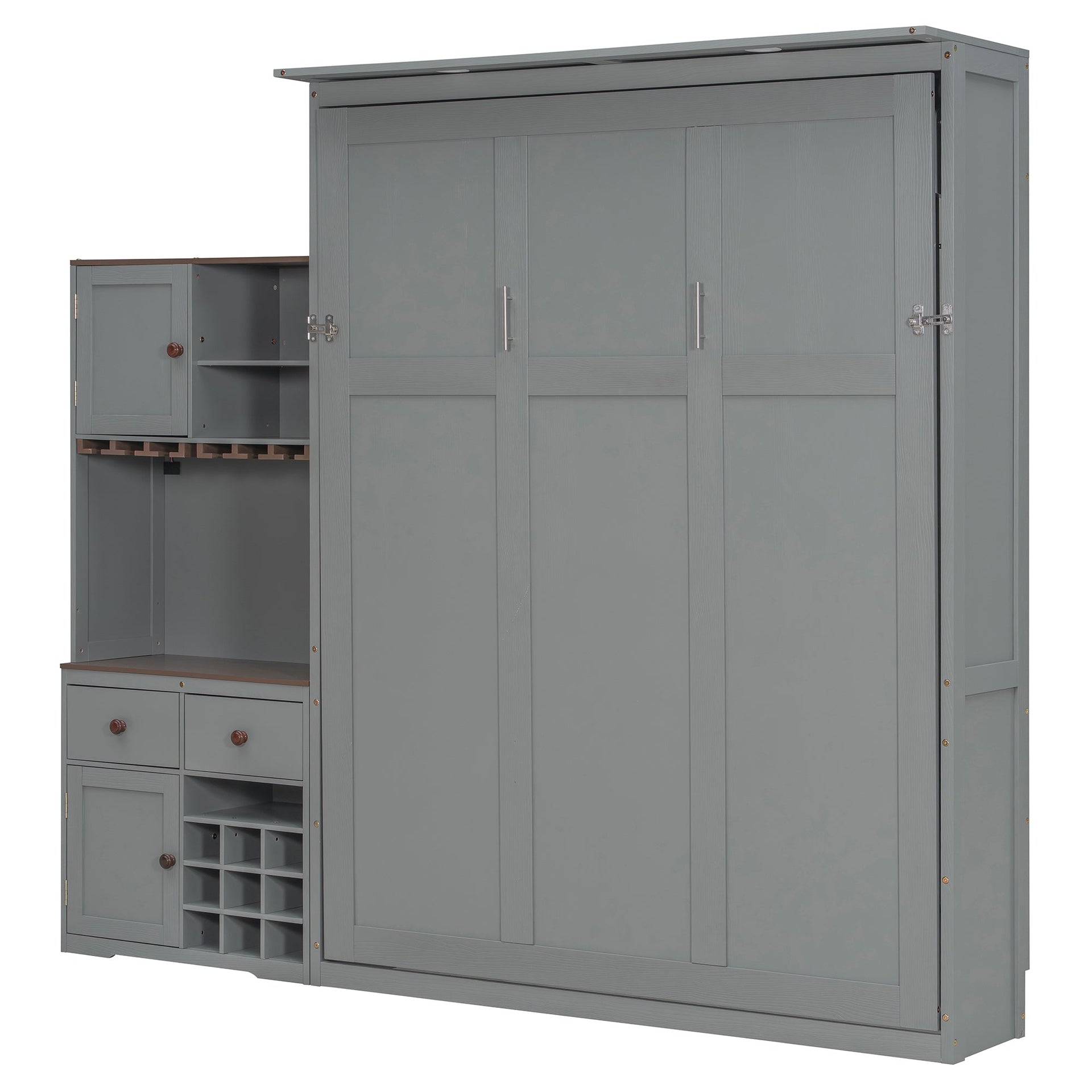 Murphy Bed with Storage Cabinet, Wine Rack, Glass Holder, Drawers & Multi-Color LED Strip