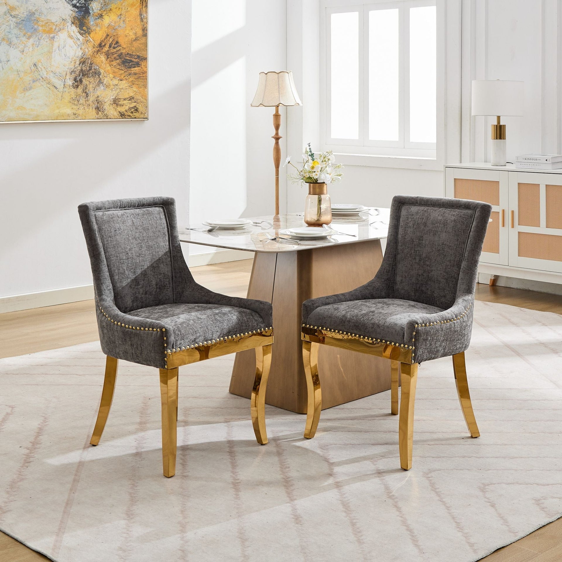 Chenille Dining Chairs Modern Style with Curved Gold-Plated Legs & Rivet Trim
