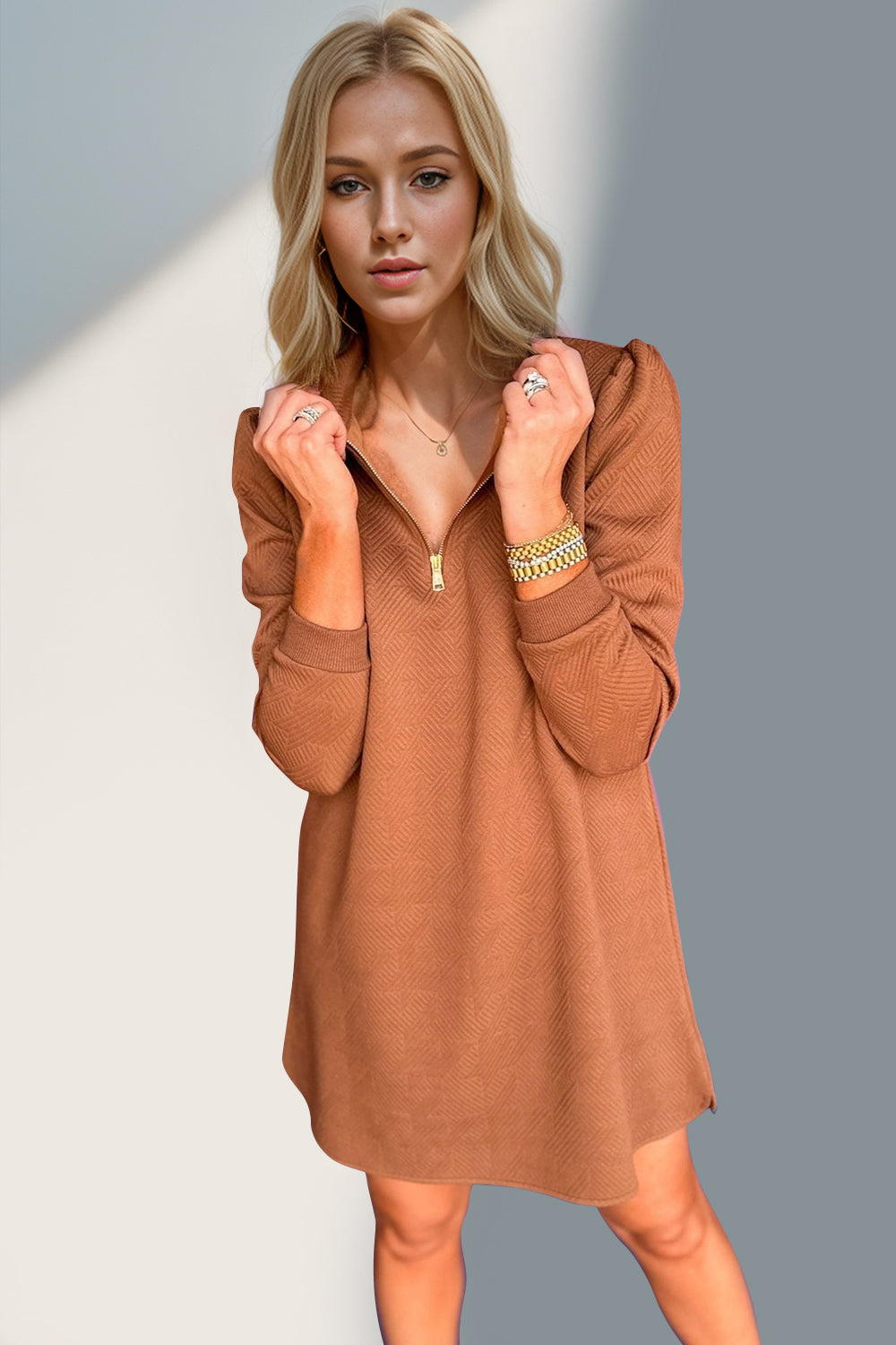 Double Take Textured Zip Long Sleeve Dress Classic Zip-Up Dress for Women Comfortable Outdoor Dress