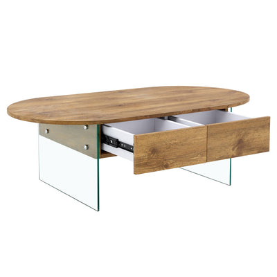 Elegant Coffee Table with Double Drawers and Transparent Glass Sides in MDF and Glass