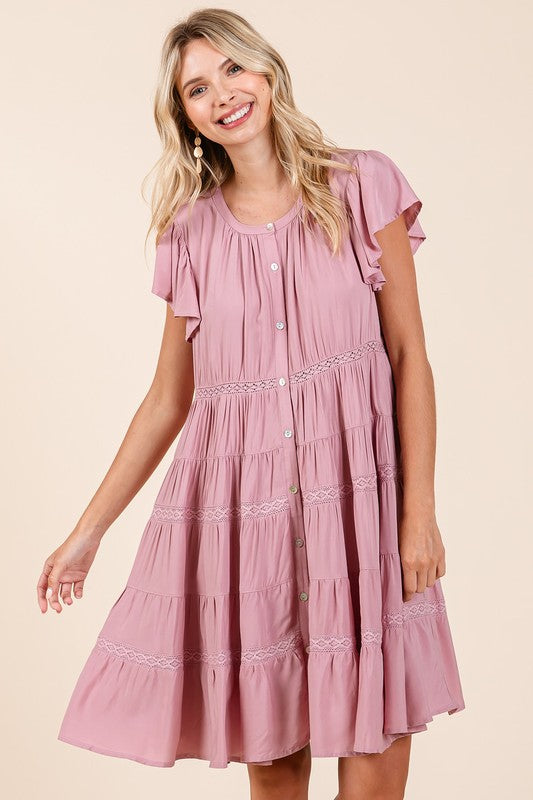 Lace Detail Ruffled Button Down Tiered Dress For Women – Romantic, Fluttering, Delicate, Feminine & Elegant Design