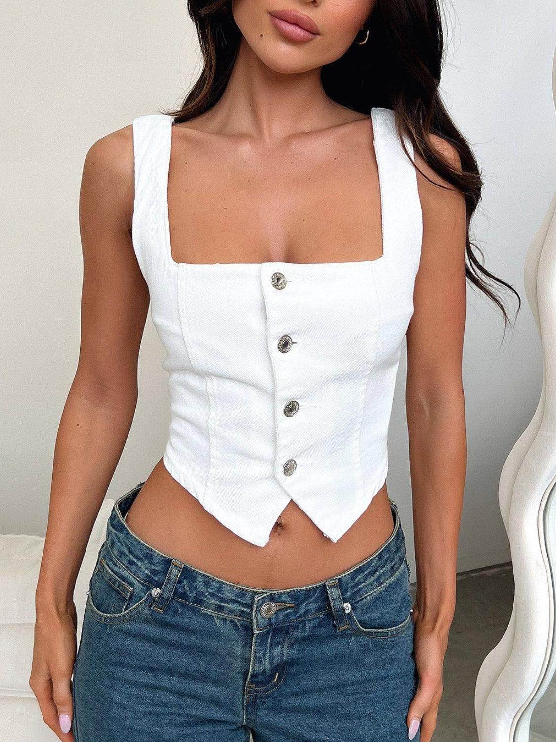 Smocked Square Neck Denim Top for Casual Stylish Wear