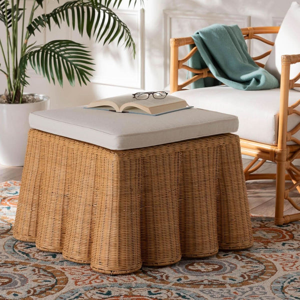 Honey Bohemian Scallop Rattan Ottoman Plush Cushion