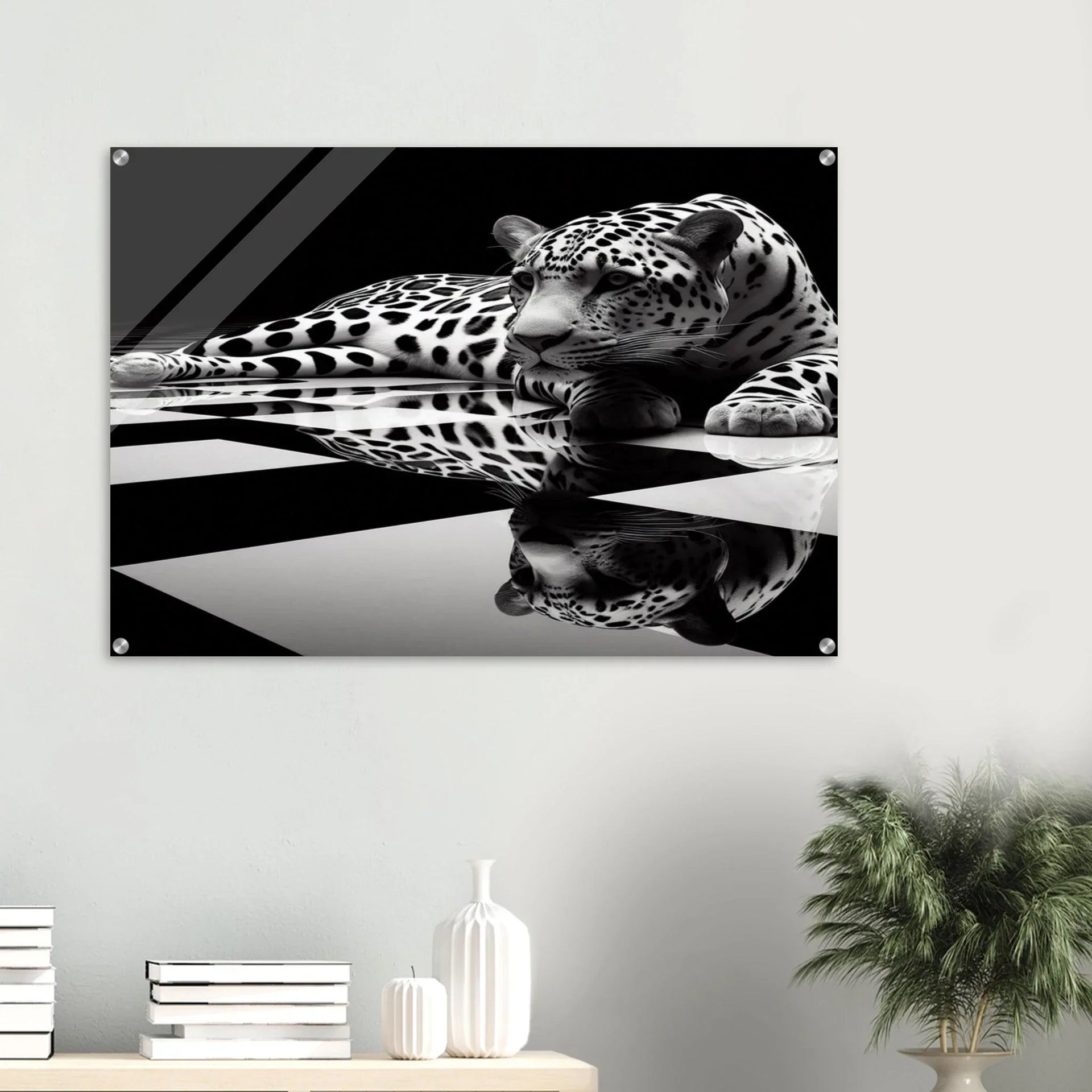 Leopard Acrylic Print on Black and White Checkered Floor – Glossy Finish Wall Art