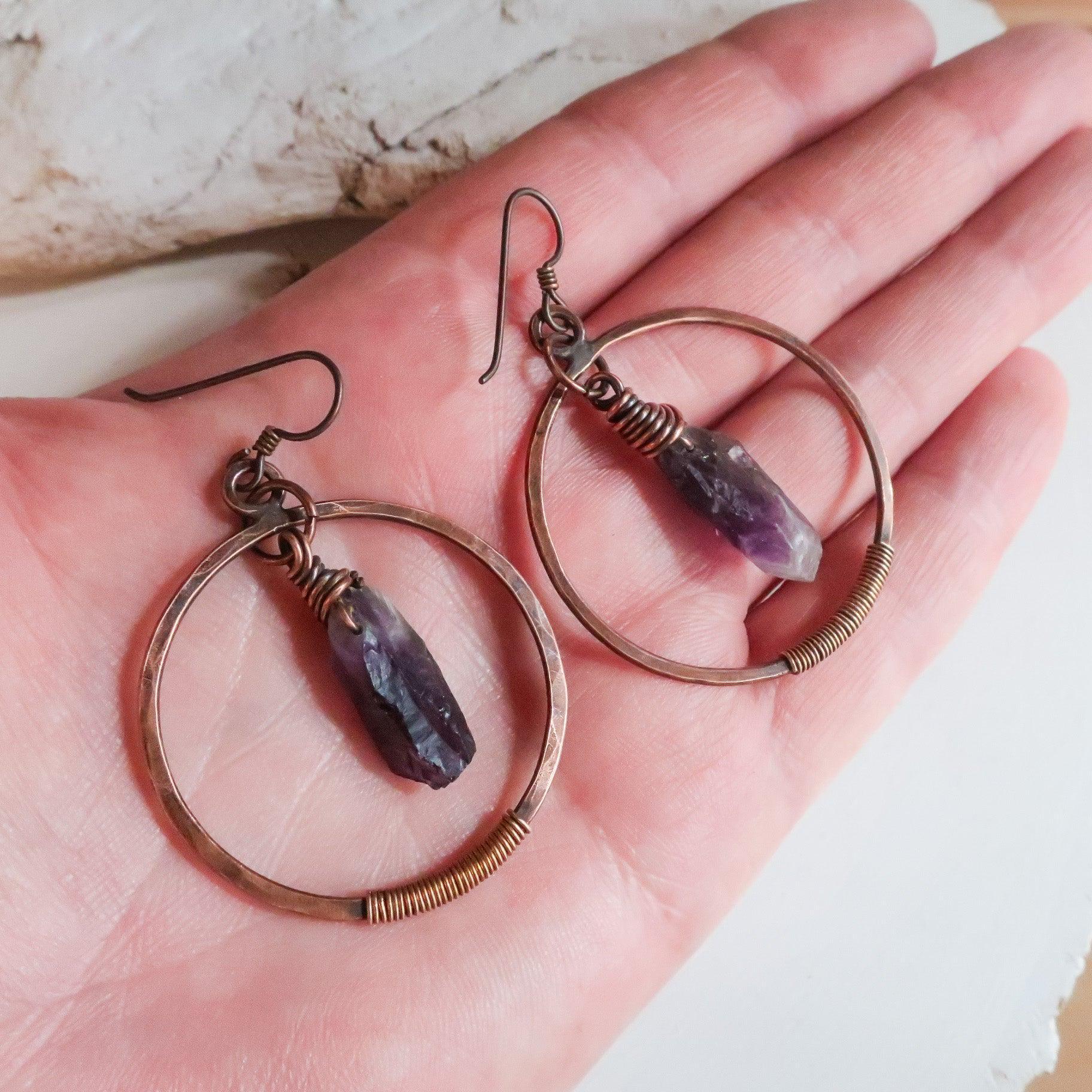 Raw Amethyst Hoops in Copper – Boho | Handmade by Blackbird & Sage