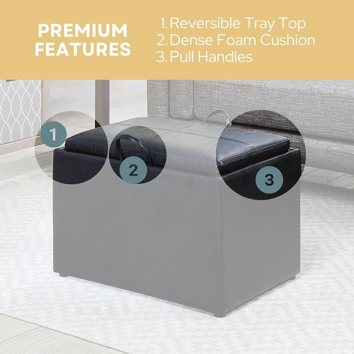 Accent Storage Ottoman 22 Point 75 Inches Charcoal Jet Black