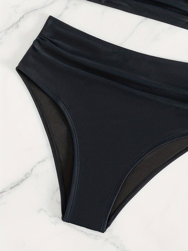 Bikini Solid Black Twist Front High Waist 2 Piece Swimsuit for Women – Stretchy V Neck Bikini Set with Ruched Tummy Control and Cross Strape Detail – Quick Drying Polyamide Swimwear for Beachwear Poolside and Summer Travel