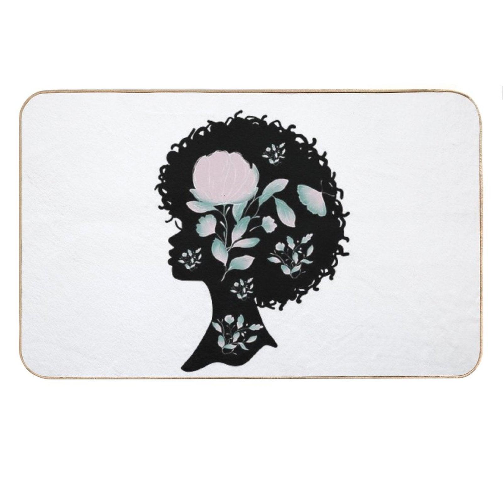 Afro Silhouette With Butterflies & Flowers Bath Mat