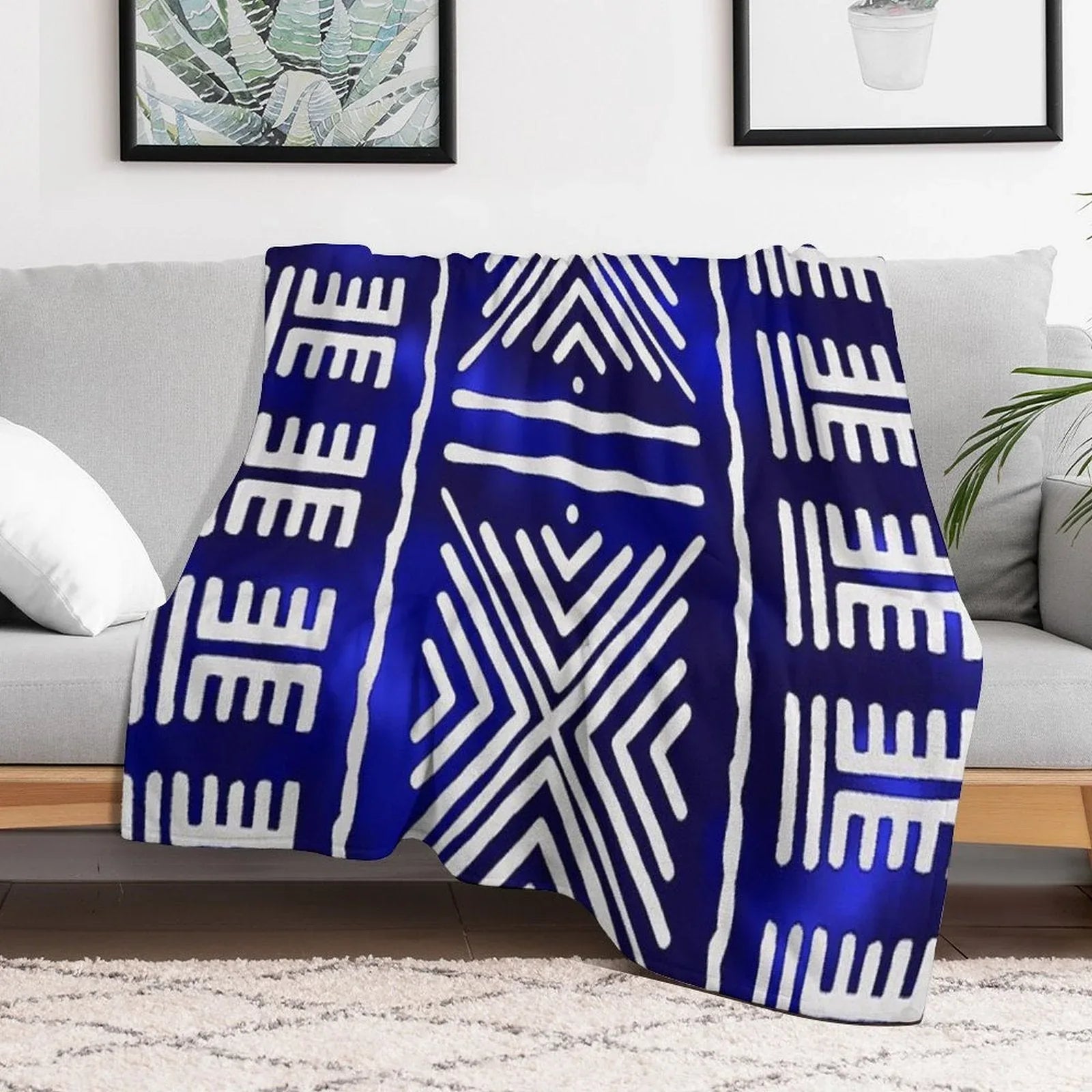 Blue African Mud Cloth Design Throw Blanket