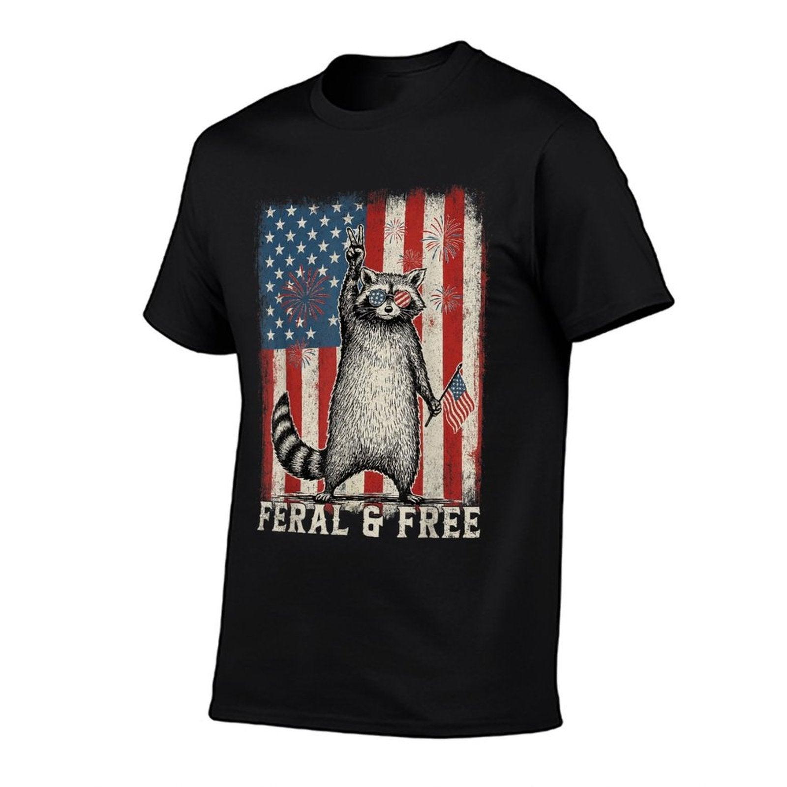 Feral But Free Raccoon July 4th Patriotic for Family  Oversized Silhouette T-Shirt
