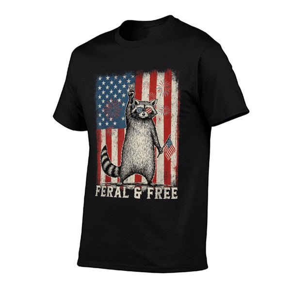 Feral But Free Raccoon July 4th Patriotic for Family  Oversized Silhouette T-Shirt