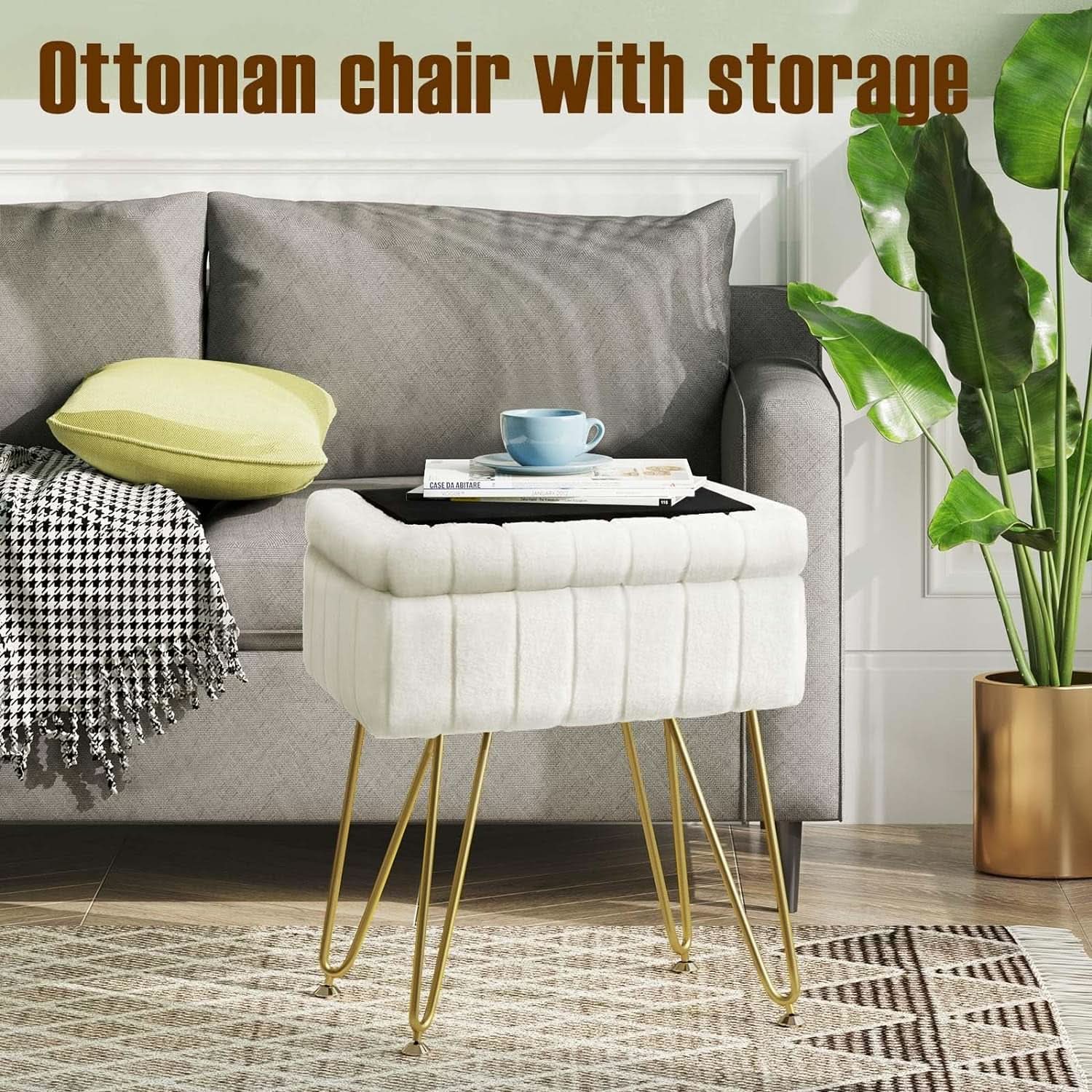 White Faux-Fur Vanity Stool With Premium-Grade Stowable-Storage