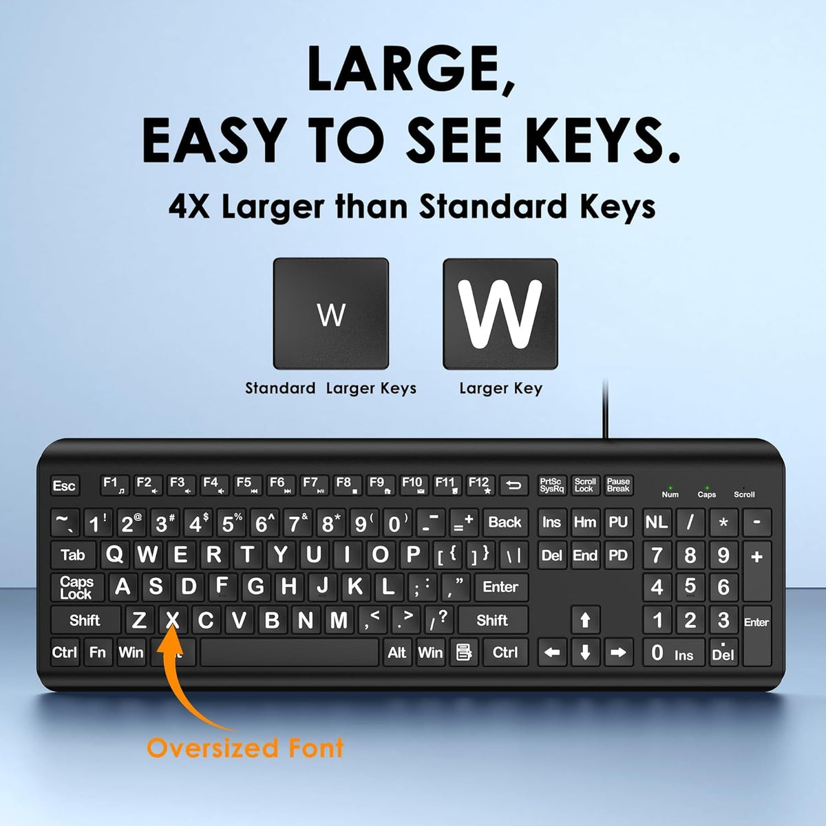 Large Print Wired Keyboard – 4X Oversized Letters for Visually Impaired, Seniors & Beginners