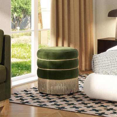 Olive Performance Velvet Round Ottoman With Fringe