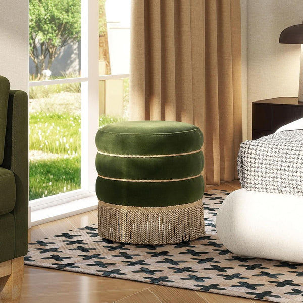 Olive Performance Velvet Round Ottoman With Fringe