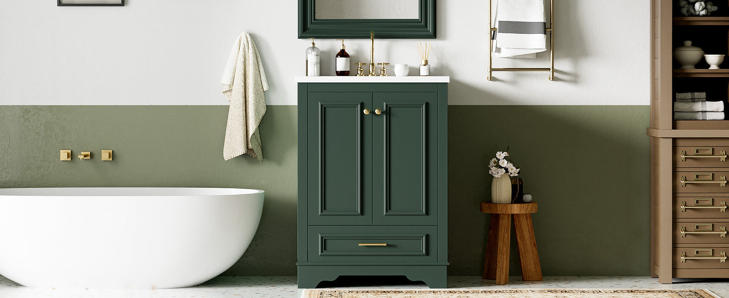 Bathroom Vanity with Ceramic Sink and Modern Freestanding Storage Cabinet, Soft-Close Doors