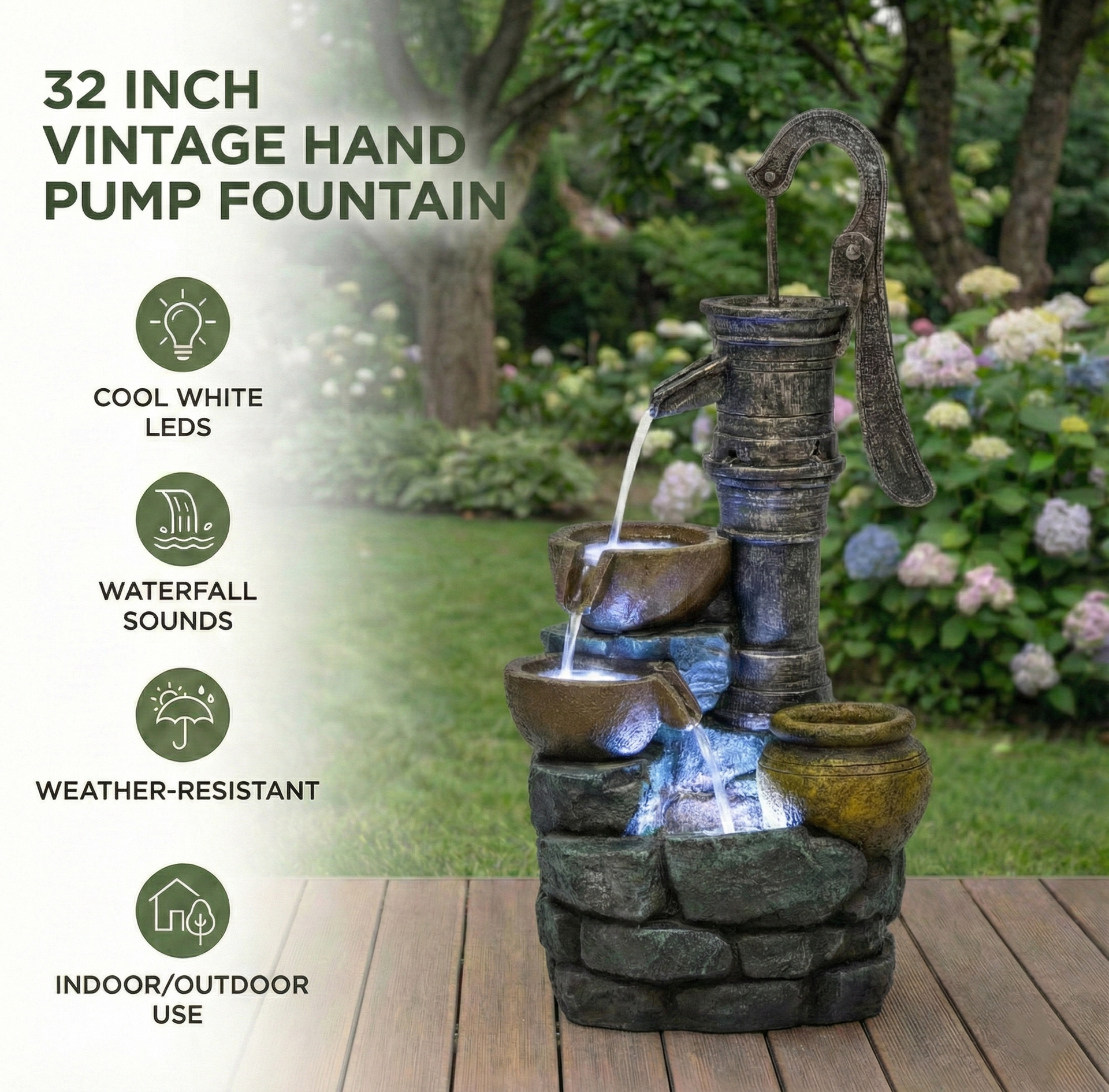 Resin Hand Pump Cascading Outdoor Fountain 32 Inch