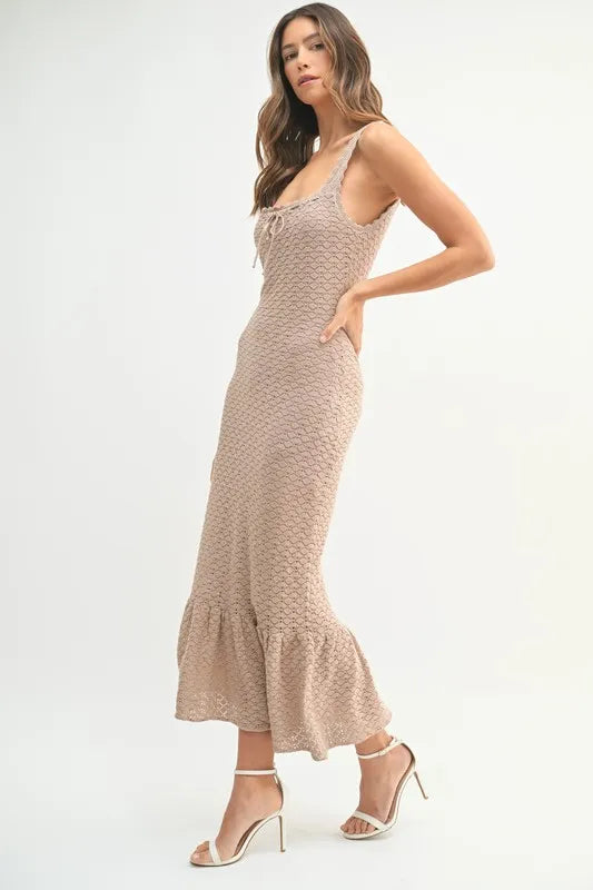 Ruffled Hem Sleeveless Crochet Knit Midi Dress For Women – Crochet Knit Dress, Ruffled Hem Dress, Sleeveless Midi Dress, Summer Dress, Elegant Knit Dress
