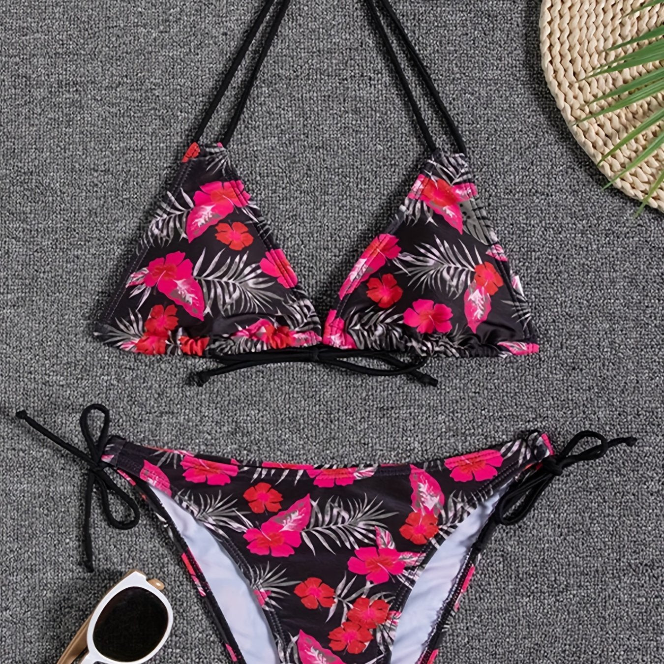 Sunset Bloom 2-Piece Triangle Bikini Set for Women – Vibrant Random Floral Print Halter Neck Swimsuit with Tie-Back Tie-Side Bottoms & High Cut Legs – Women's High-Stretch Swimwear for Summer Beach Escapes