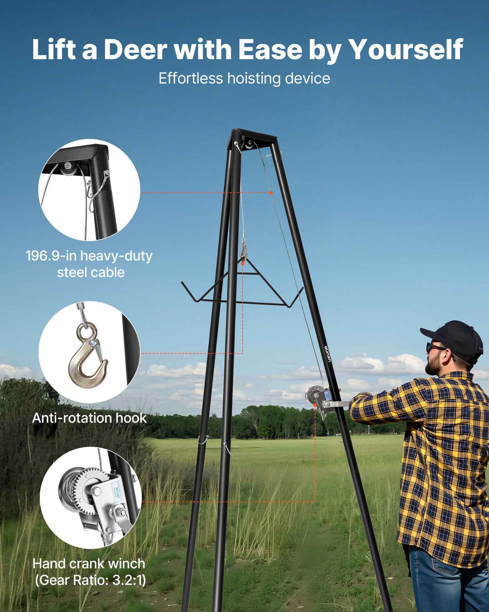 Tripod Deer Hoist, 500 Lbs Load Capacity, Hunting Game Hoist Winch Lift With Gambrel & Manual Winch, Hunting Game Skinning And Cleaning Accessory For Cleaning, Skinning, And Moving, Black