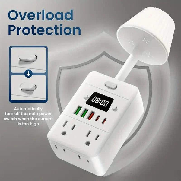 11-in-1 Multifunctional Power Strip with Desk Lamp, Clock, USB Ports & Surge Protection