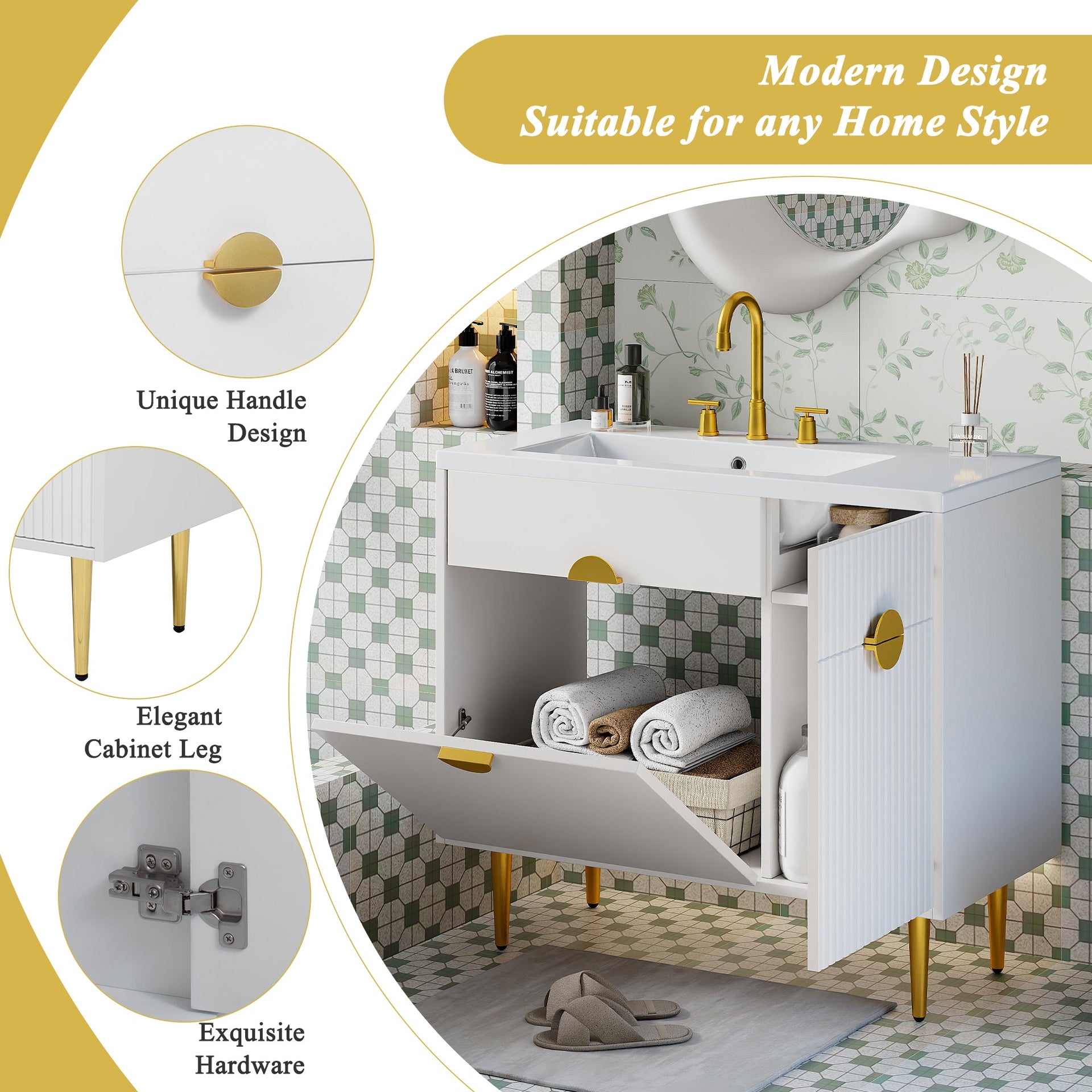 36' Bathroom Vanity with Resin Basin Sink, Modern Bathroom Sink Cabinet, Storage Cabinet with Soft-Closing Door and Drop-Down Door