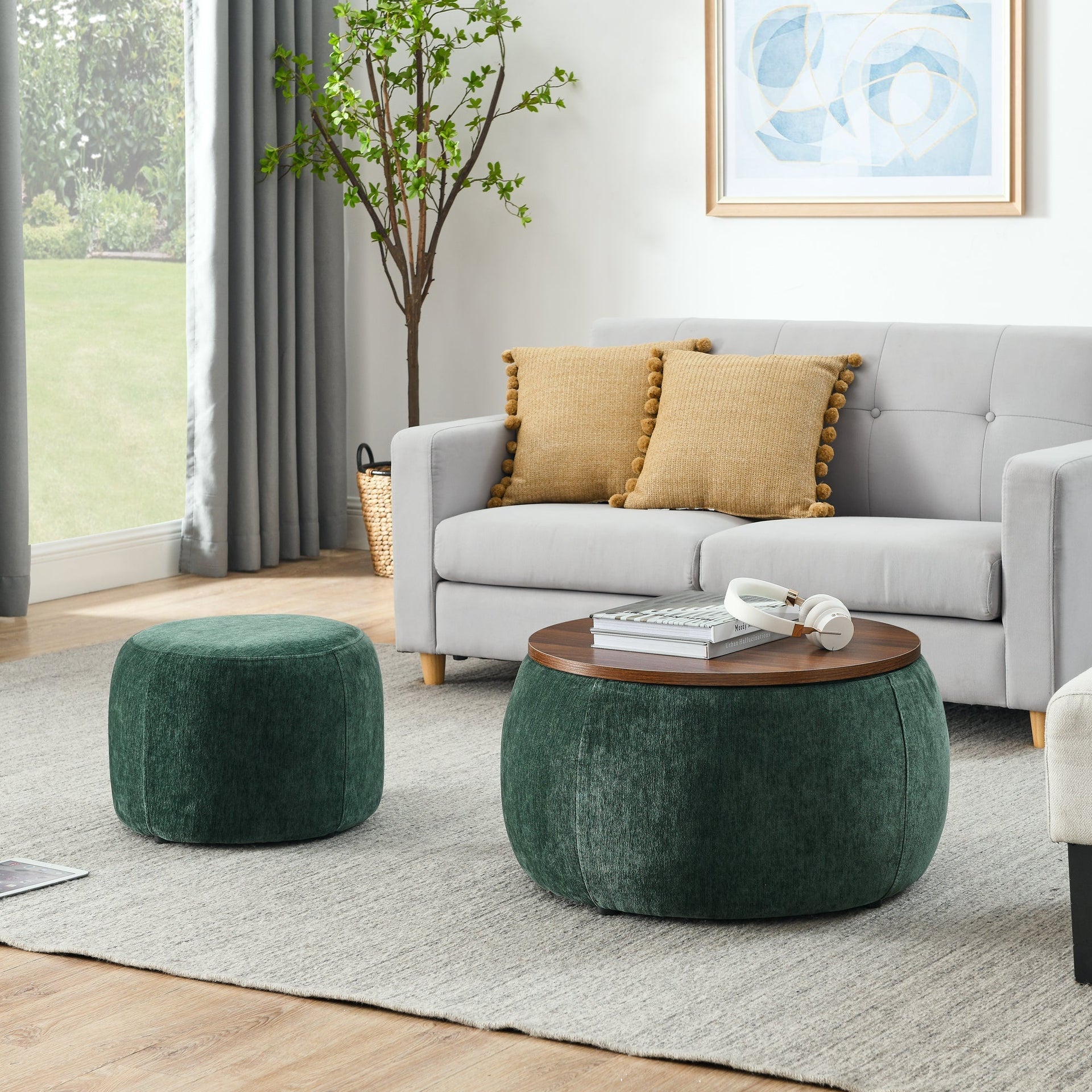 Modern Classic Round Storage Ottoman Coffee Table with Removable Top BLAKHOM