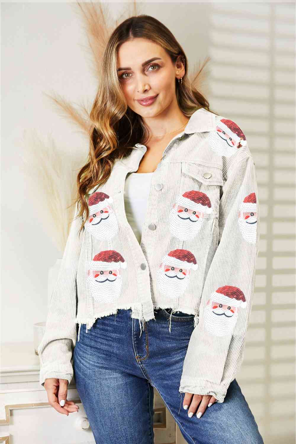 Red Santa Sequin Raw Hem Jacket Festive Buttoned Jacket Charming Winter Women Jacket