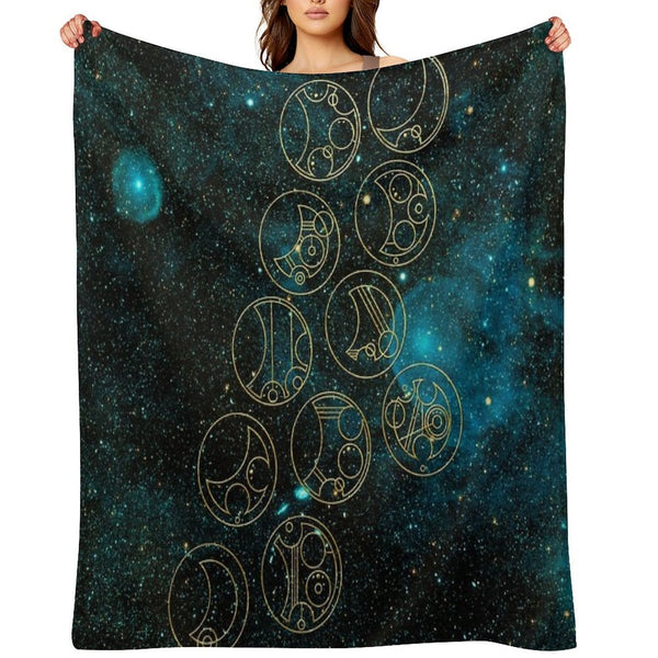 Time Lord Words in Gold on Teal Stellar Background Wrinkle-free Throw Blanket