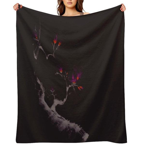 Enchanting Oriental Artwork of A Budding Sakura Branch with Deep Violet Flowers Art Print Throw Blanket