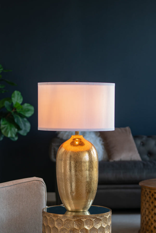 D18x31' Round Aluminum Sheet Gold Table Lamp with White Fabric Shade(Lamp Shade Assembly Required)