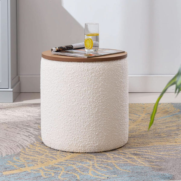Circular Storage Ottoman Sixteen Inch White Boucle